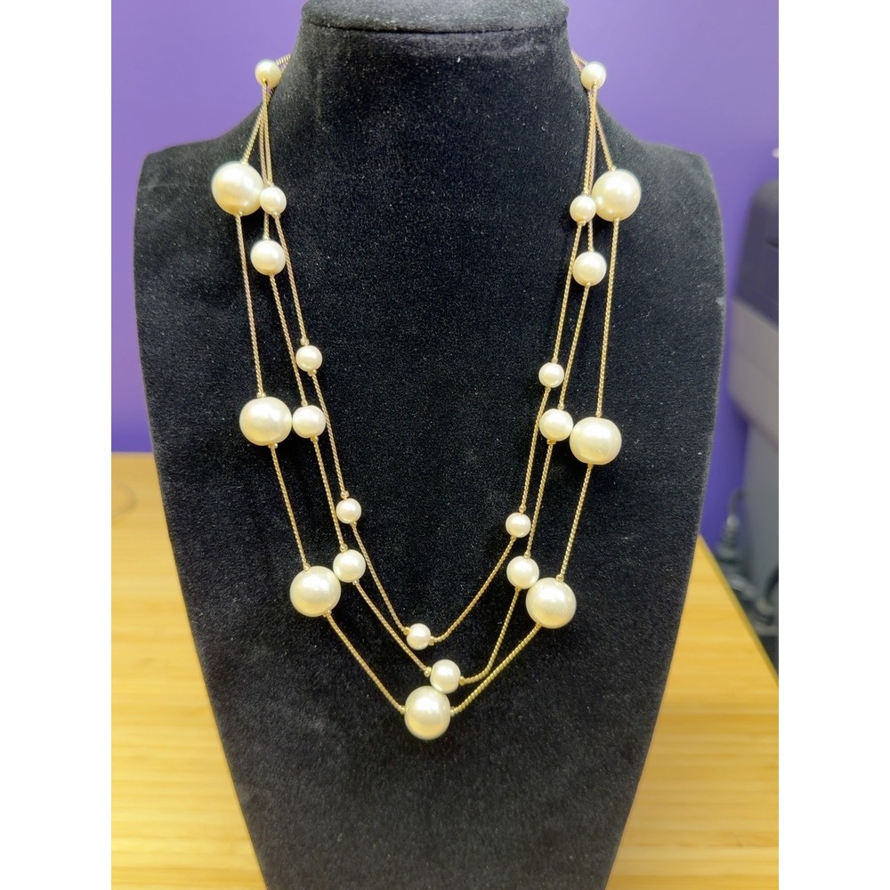 3 Strand Faux Pearl Necklace Gold Tone Layered Cream Beads 17" + Extender